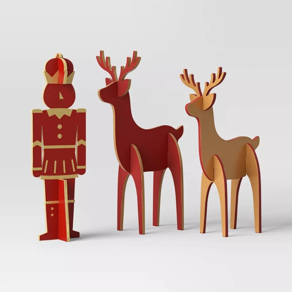 NWT 3pc Wood Nutcracker and Deer Christmas Figurine Set - Wondershop Red/Gold